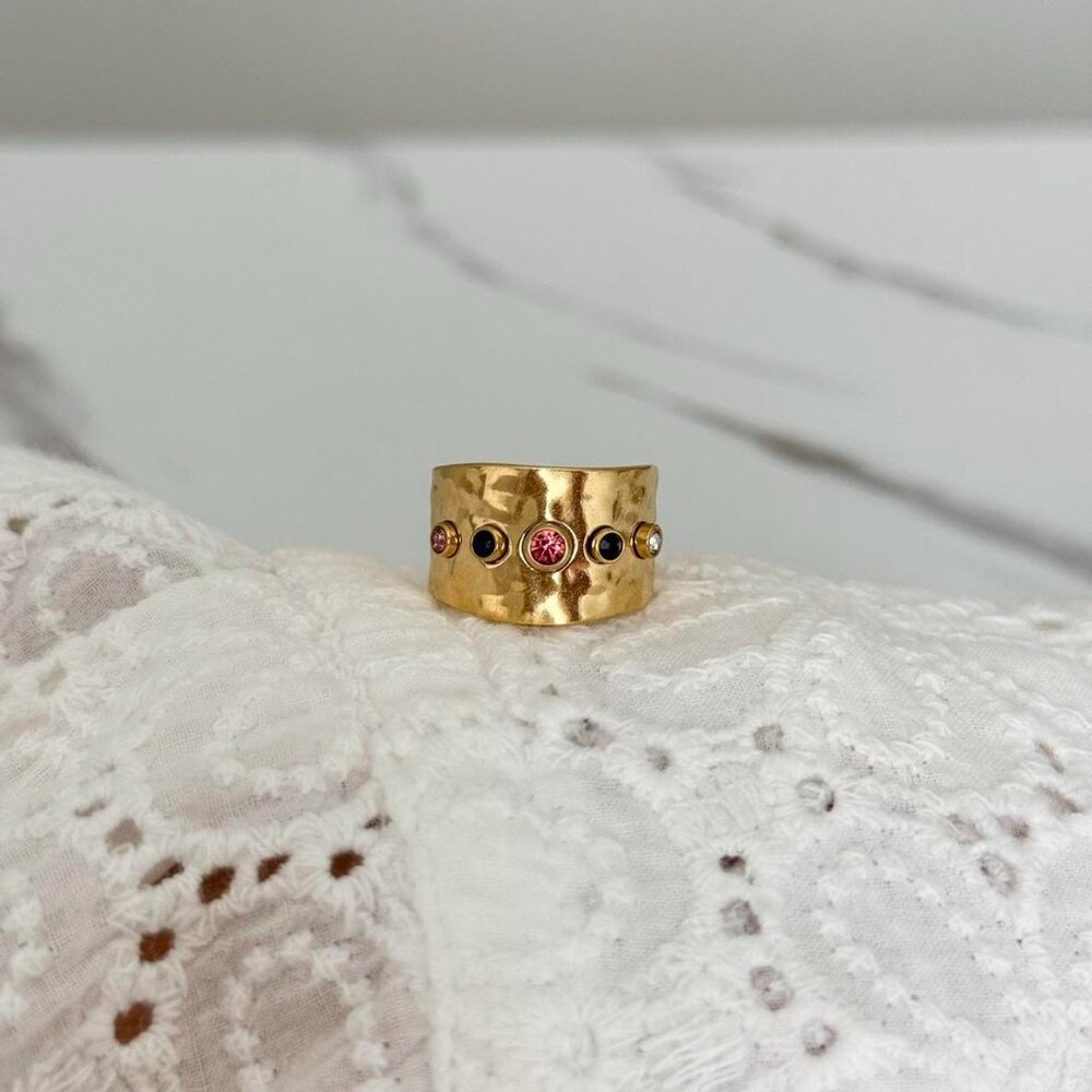 SKU:0180 Wide gold ring with colored zirconium stones made of18k gold‎ plated